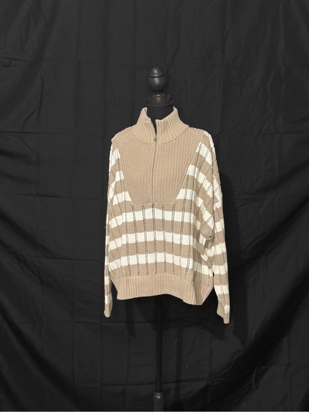A New Day Beige Cream Striped Quarter Zip Chunky Knit Sweater NWT